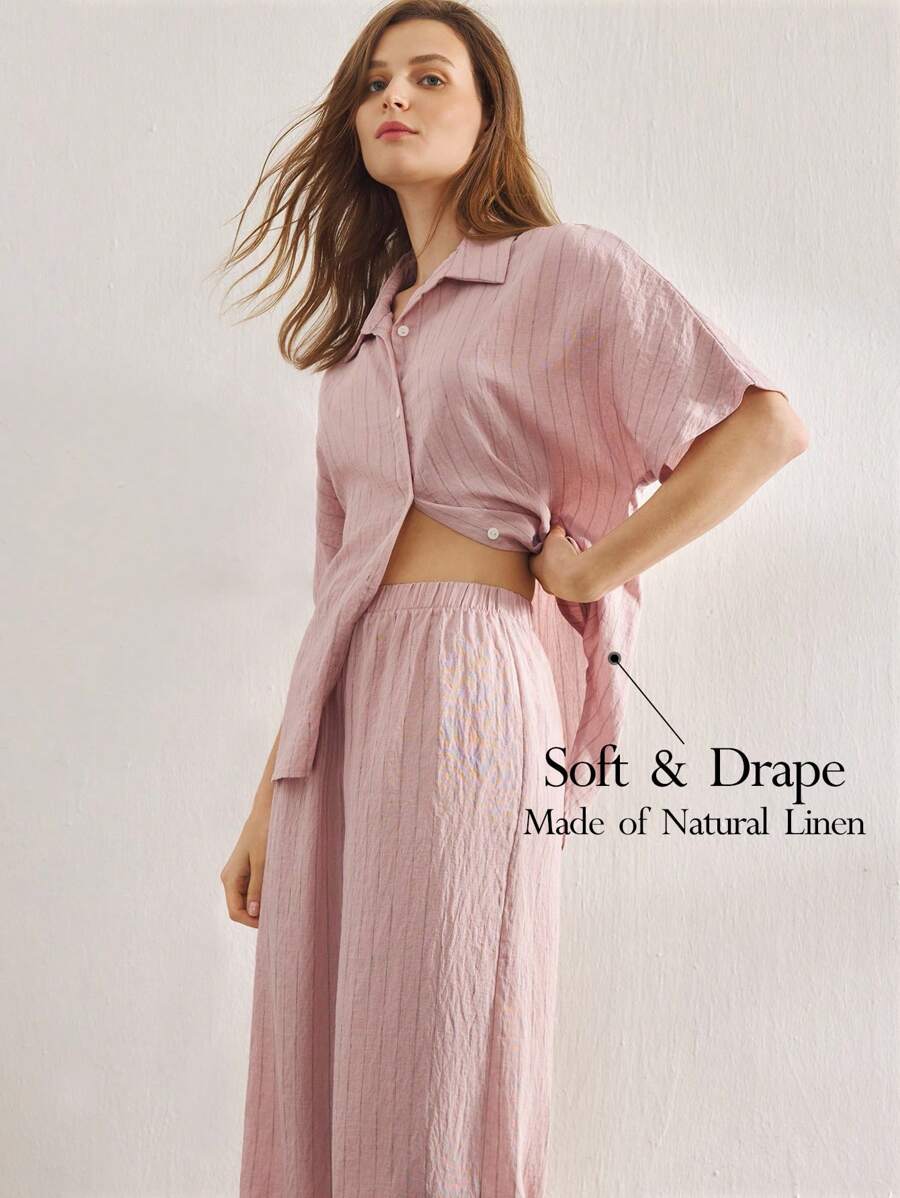 Ocili Conjunto de ropa de dormir de lino natural para mujer con cuello, botones al frente, manga 3/4 y pantalones a media pierna con rayas, cómodo