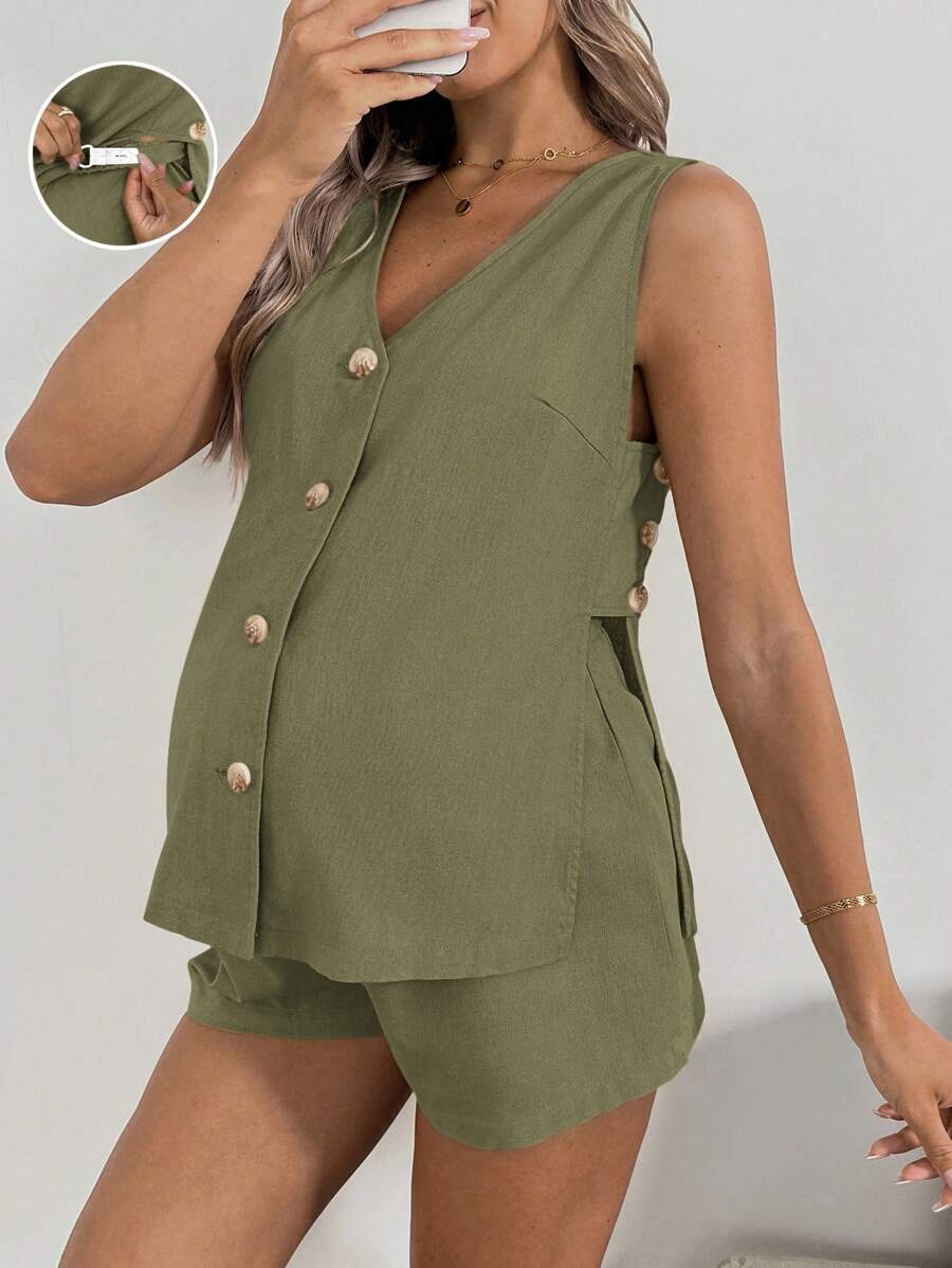 SHEIN Conjunto de maternidad de 2 piezas: pantalones cortos de cintura ajustable de unicolor y top casual sin mangas