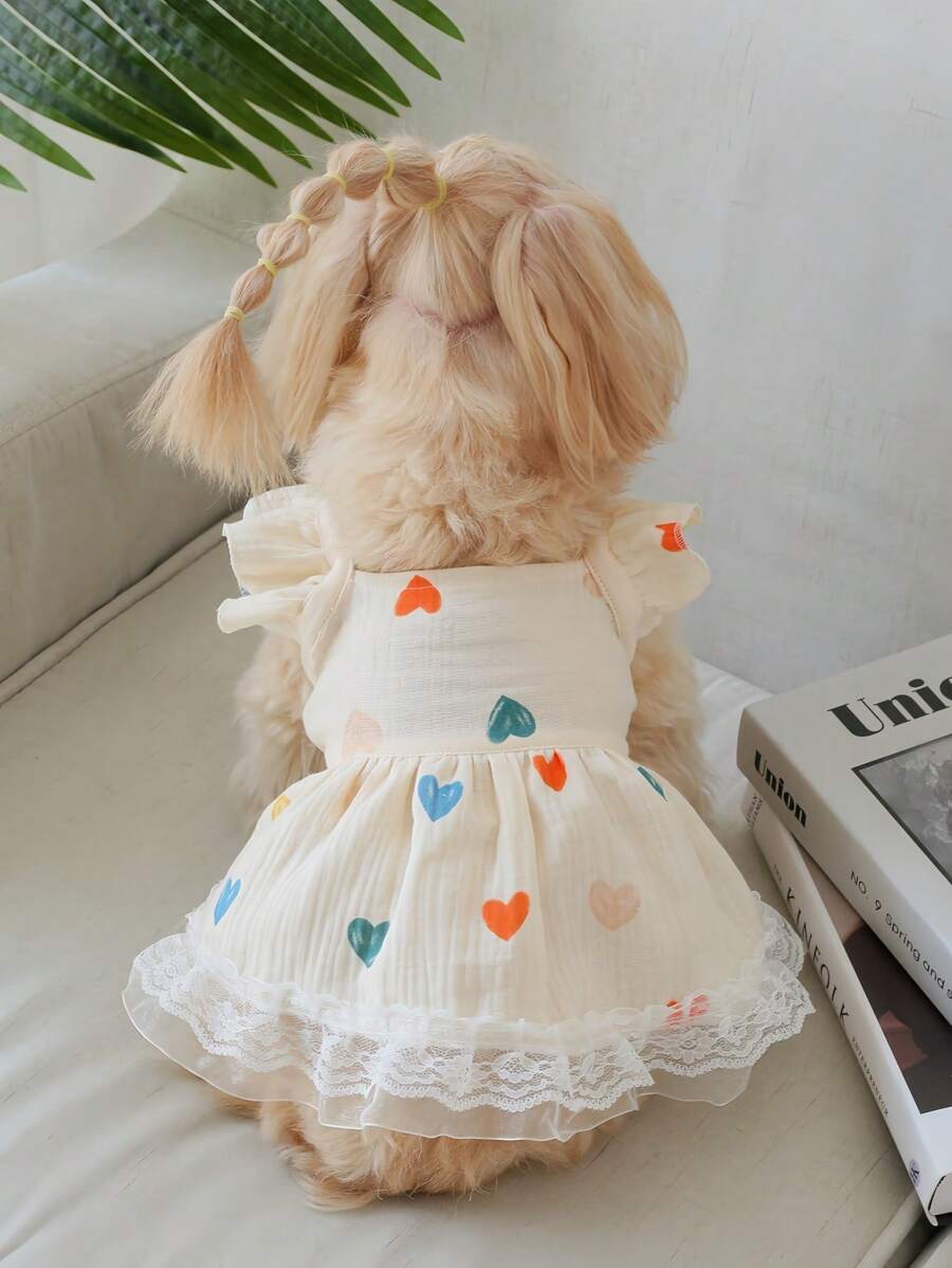 1pc Adorable Heart Print Ruffle Trim Pet Dress For Dogs - Featuring A Cute Heart Pattern, Elegant Ruffle Trim, Princess-Like Design, Also Suitable As A Cat Vest Dress With Delicate Lace Trim, Perfect For Special Occasions And Making Your Pet Look Absolutely Charming
