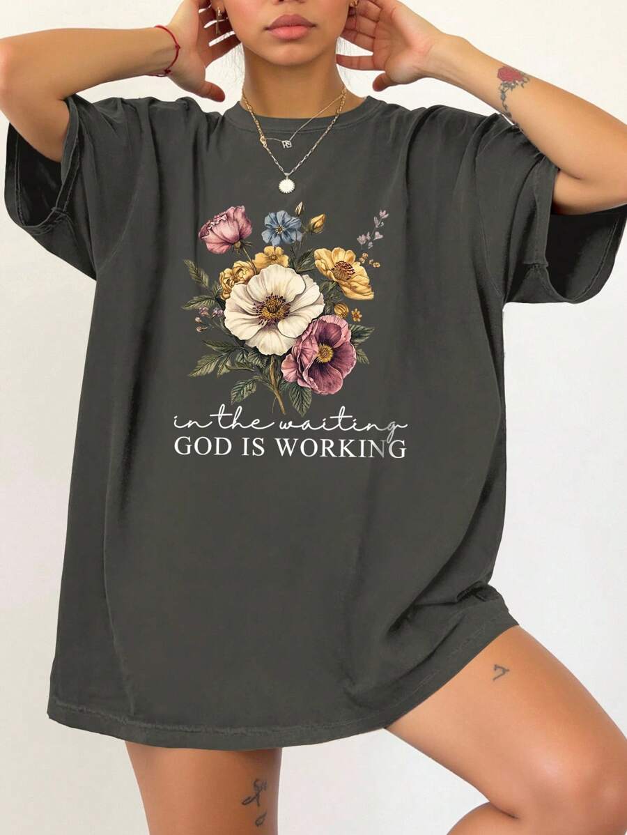 INAWLY Plus Size Women Letter & Floral Print Round Neck Short Sleeve Casual T-Shirt