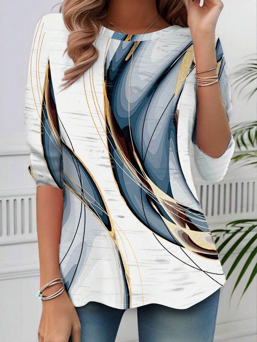 SHEIN Women's Casual Random Print Loose Fit Long Sleeve Round Neck T-Shirt