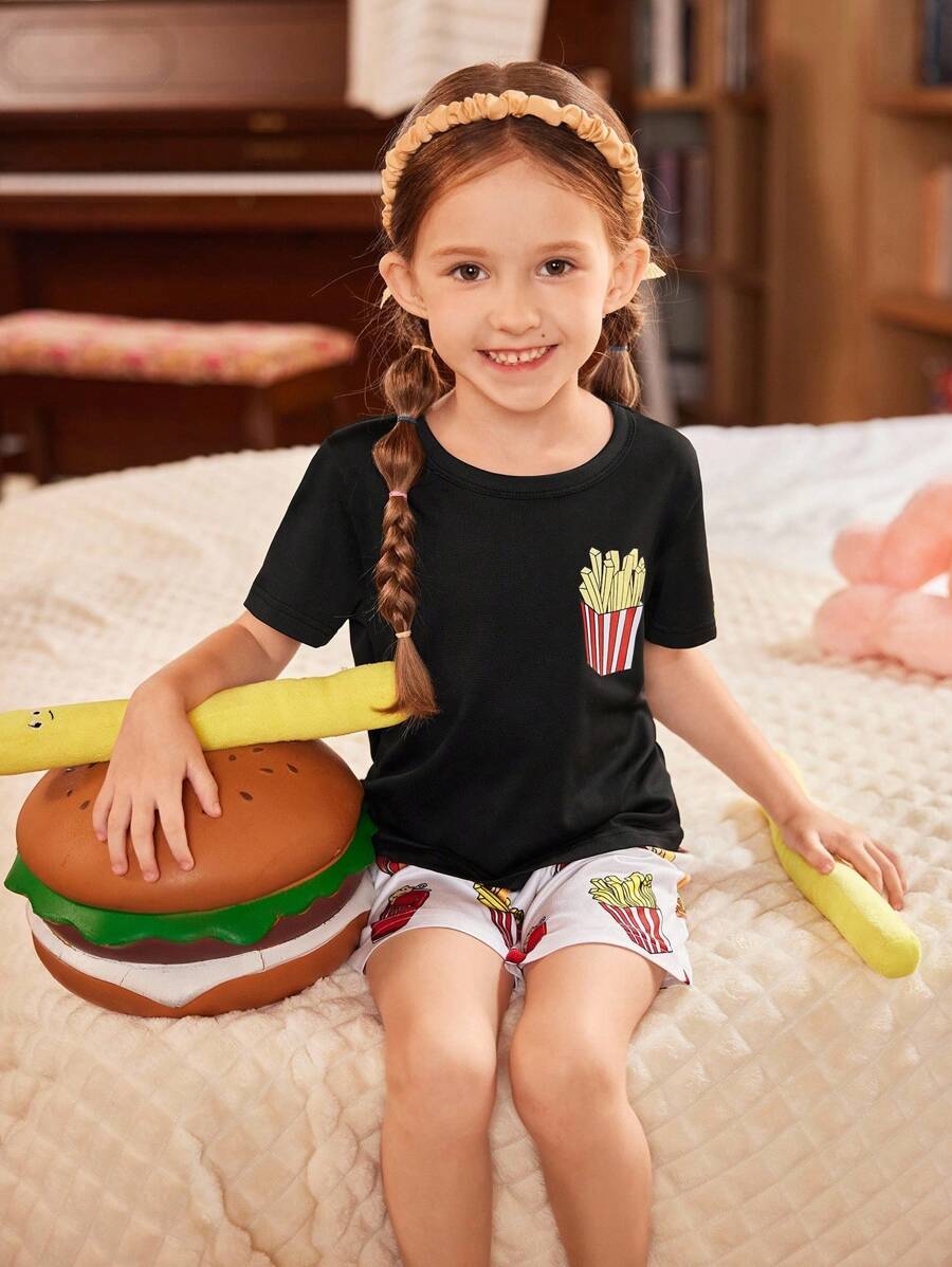 FamilyFrolics Conjunto de pijama de niña con estampado de papas fritas de manga corta y pantalón corto