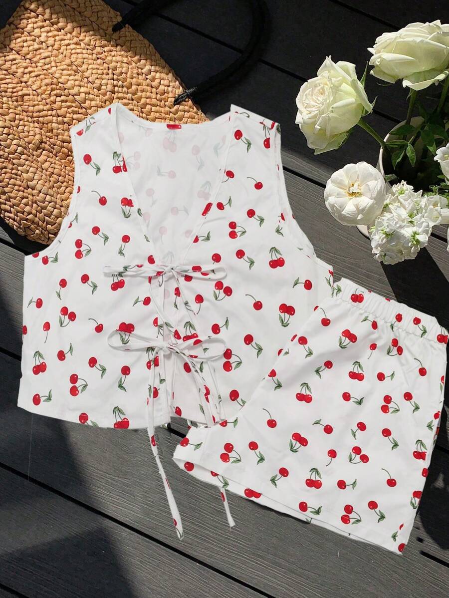 Comfortcana 2 pièces/Ensemble Tenue décontractée minimaliste pour femme avec imprimé cerises, convient pour l'été