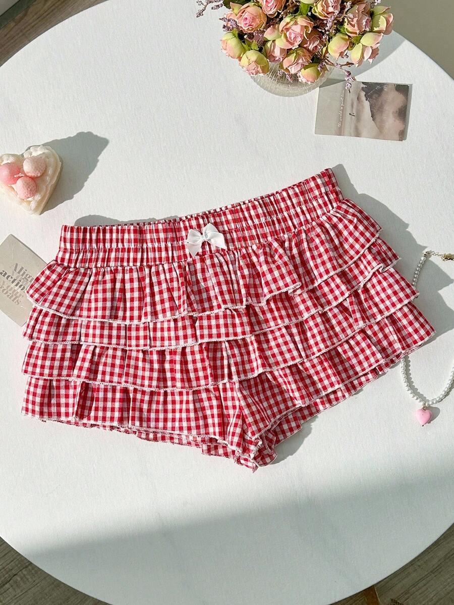 SHEIN MOD Pantaloni scurți ultra-scurți de damă, cu talie joasă, în carouri, cu volane, haine pentru întoarcere la școală, boxer, albastru și alb, simplu zilnic