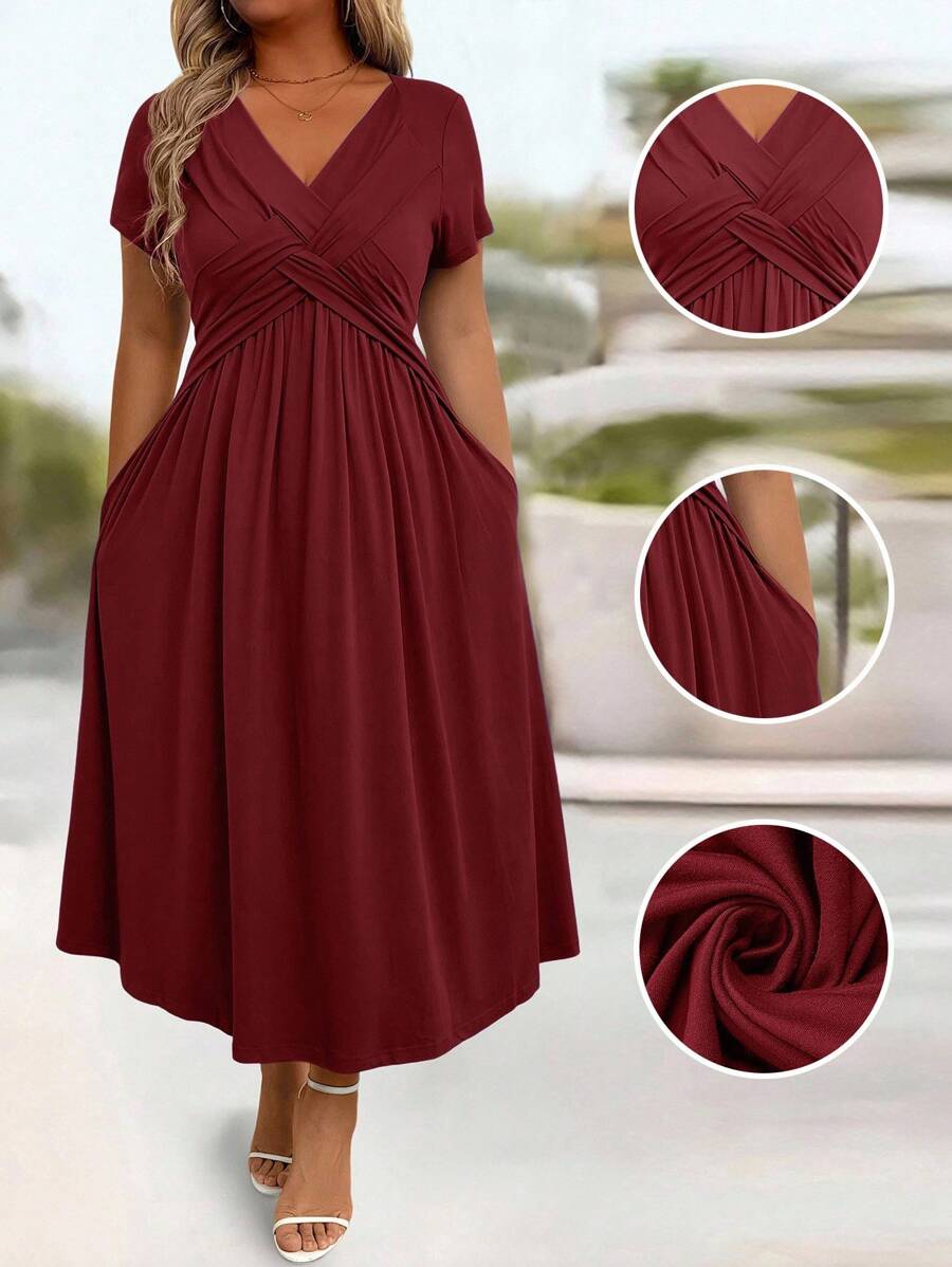 EMERY ROSE Robe longue décontractée à col en V et manches courtes avec poche, grande taille, pour Noël, tenue maxi pour femmes, couleur bordeaux