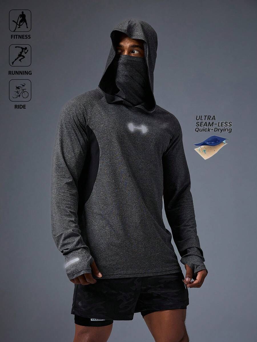 Manfinity Sport Polished Men's Barbell Print Raglan Sleeve Hoodie With Face Mask, Suitable For Fitness, Running, Cycling Ultra Lightweight Sweat-Wicking 4-Way Stretch Material Physique-Enhancing Seamless Design Hooded For Workout Gym Top
