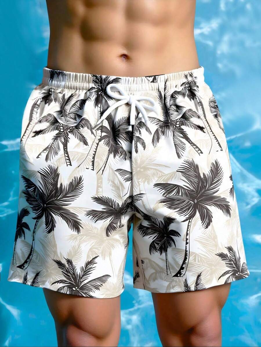 SHEIN Palm Tree Printed Swim Trunks For Teenage Boys, Comfortable And Casual For Swimming Pool And Beach