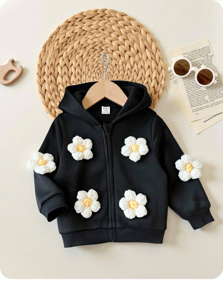 SHEIN LMoss Kids Babygirl Cute Versatile Casual Floral Print Hooded Jacket, Autumn/Winter