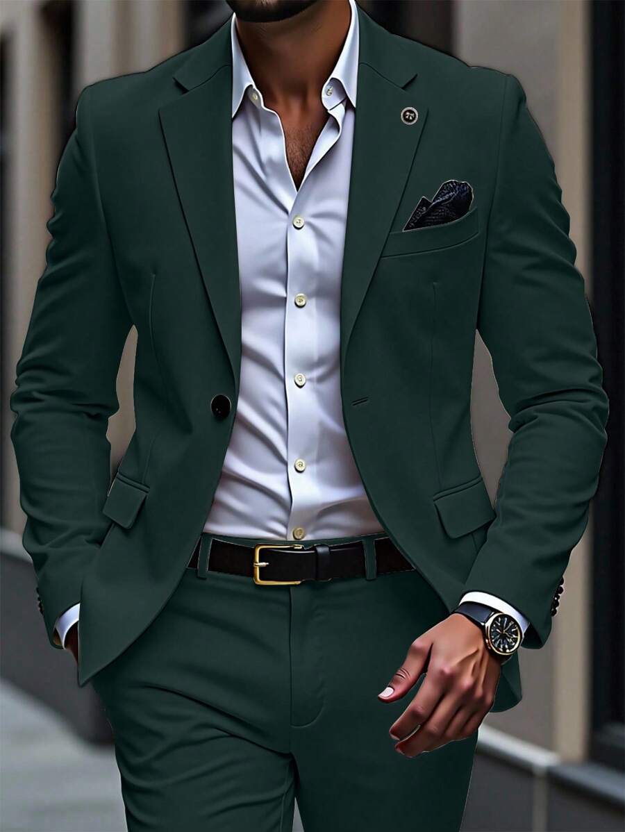 Manfinity Mode Conjunto de traje casual de negocios para hombre con 2 piezas: blazer de manga larga con cuello de solapa y pantalón