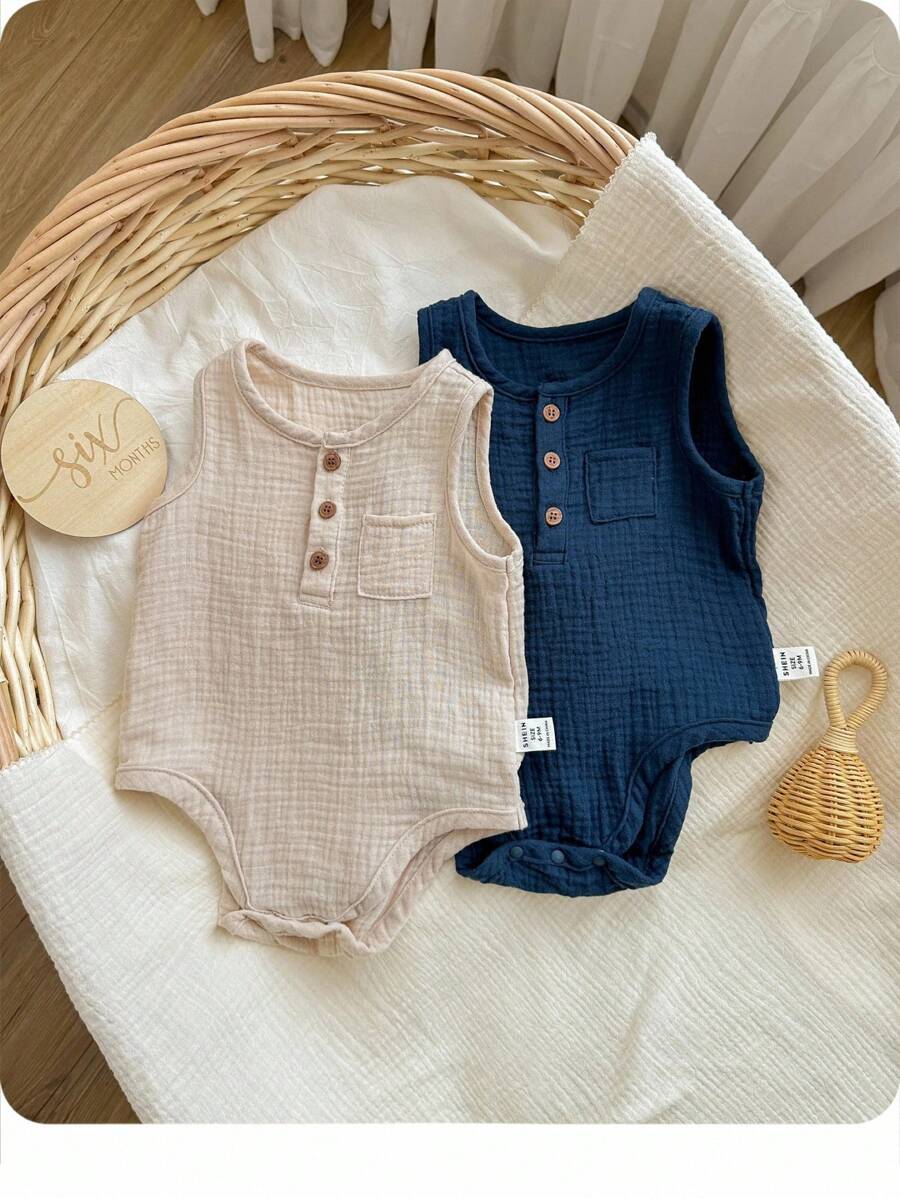 2pcs Newborn Baby Boys' Solid Color Sleeveless Romper With Half Button Placket, Round Neckline