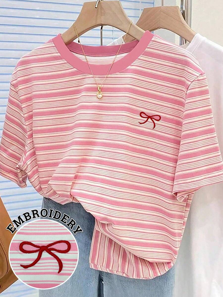 Women's T-Shirt/Bow Pattern Print/Pink Striped Plaid Large Size T-Shirt/Embroidery Craft/Women's Casual Ultra-Loose Round Neck Top/Spring And Summer