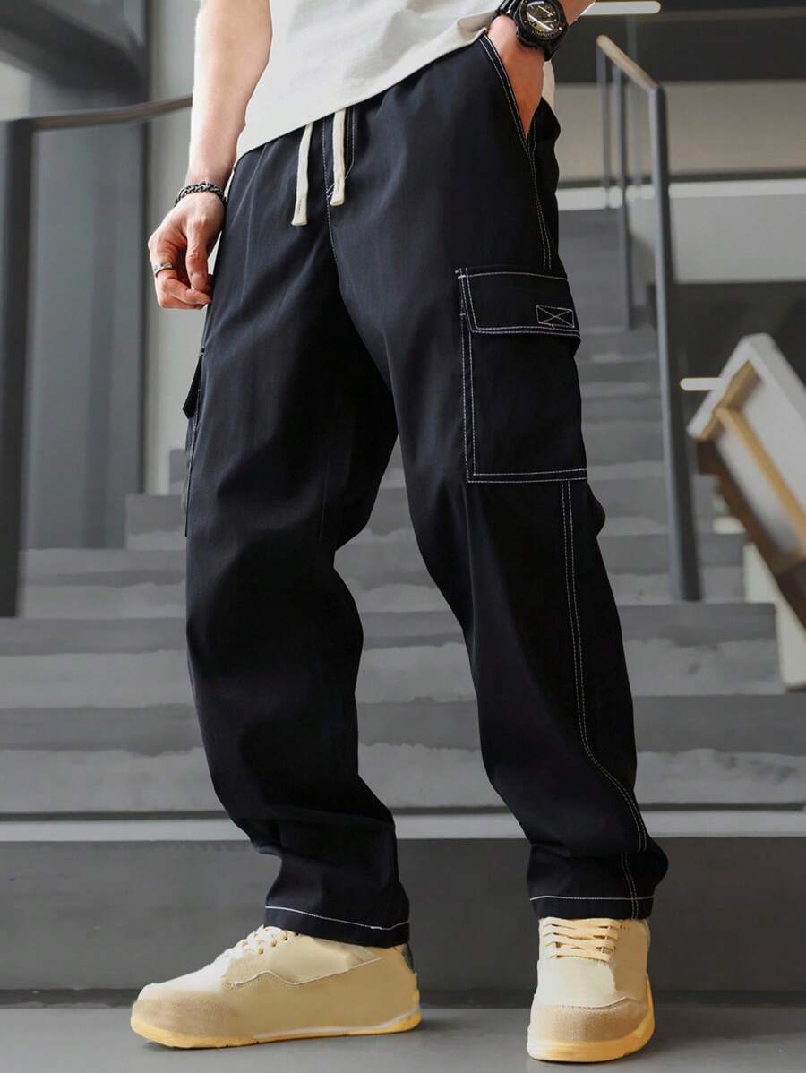 Manfinity Hypemode Men's Flip Pocket Drawstring Waist Straight Leg Cargo Pants Baggy Long Slacks Plain Black Going Out, Back To School