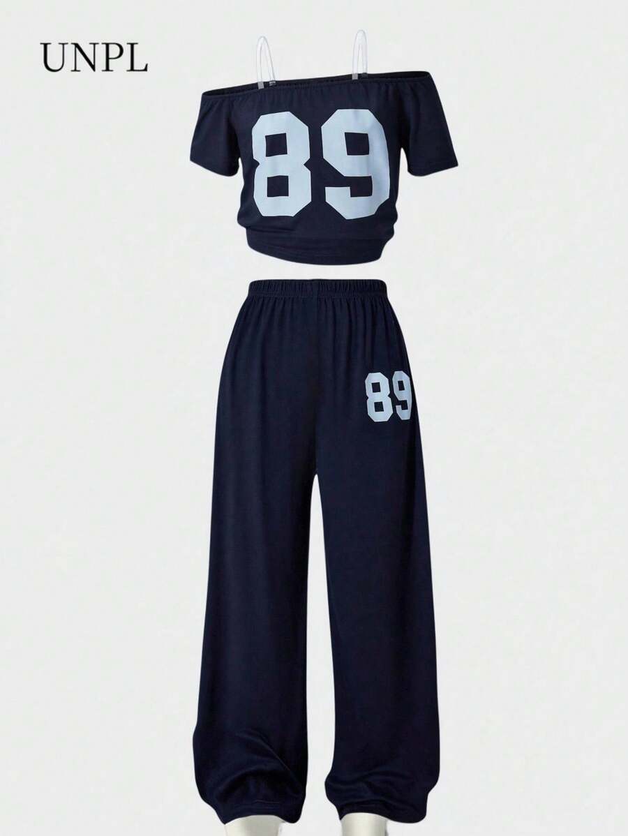 SHEIN 2pcs/Set Teen GirlAsymmetrical Shoulder Long Sleeve Numeric 89 Print Loose Pants, Collegiate Fashion, Comfort, All Season
