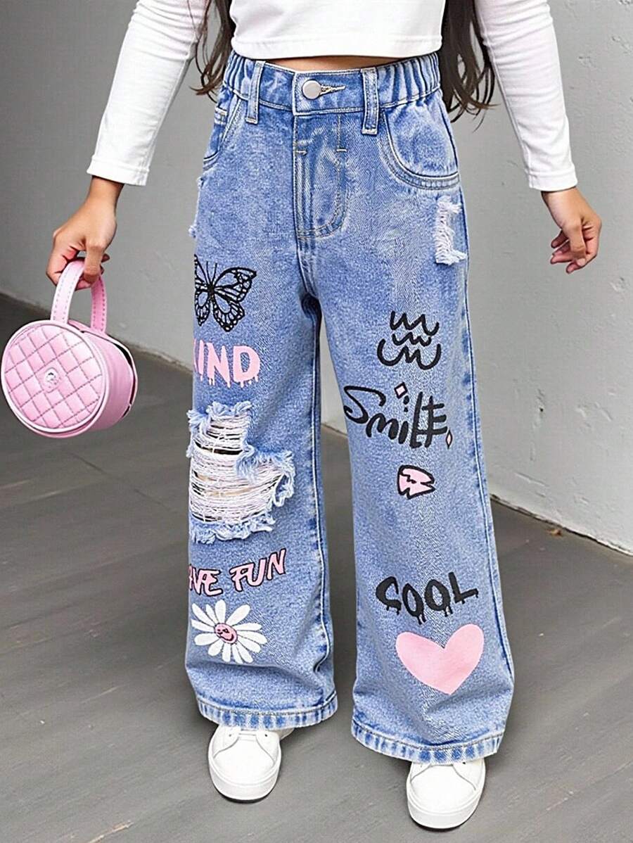 SHEIN Jeans casual in denim a vita larga con strappi, stampa, lavaggio medio per ragazze giovani