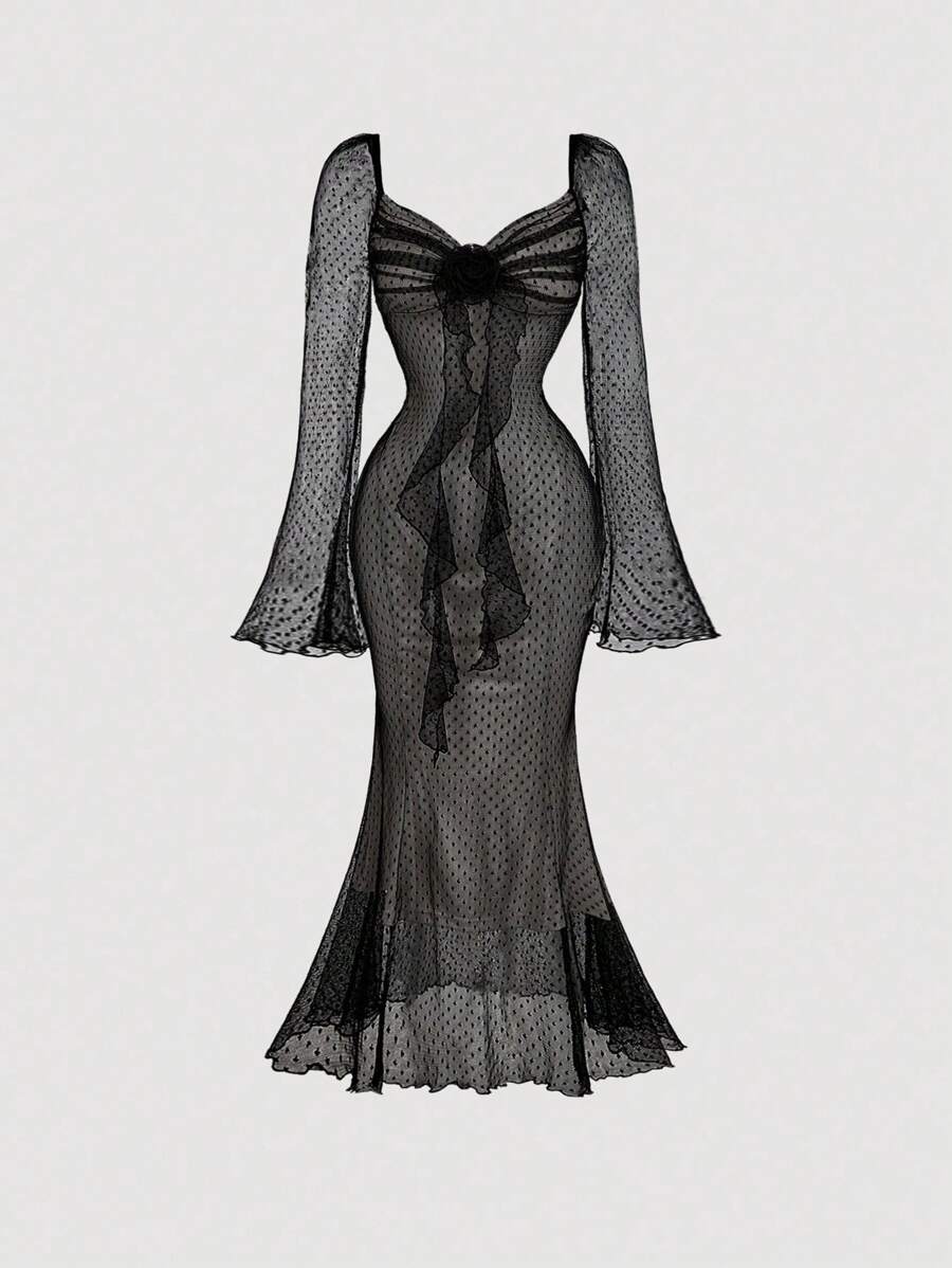 SHEIN MOD Robe moulante avec détail de buste froncé, décorations de ruban, manches évasées en dentelle, taille cintrée. Tenue de festival pour femme, vêtements de festival, robes de fête pour femme, robe de cérémonie, robe du Nouvel An, robes élégantes pour femme, robes sexy pour femme, robe de remise de diplôme blanche