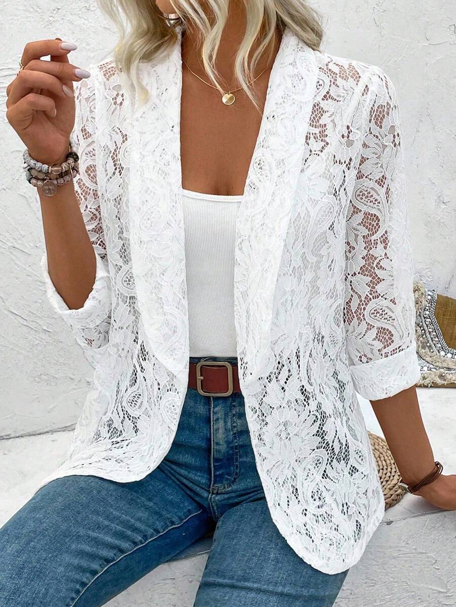 EMERY ROSE Veste ample en dentelle pour femmes avec col châle et ourlet demi-courbe pour tenues de fête