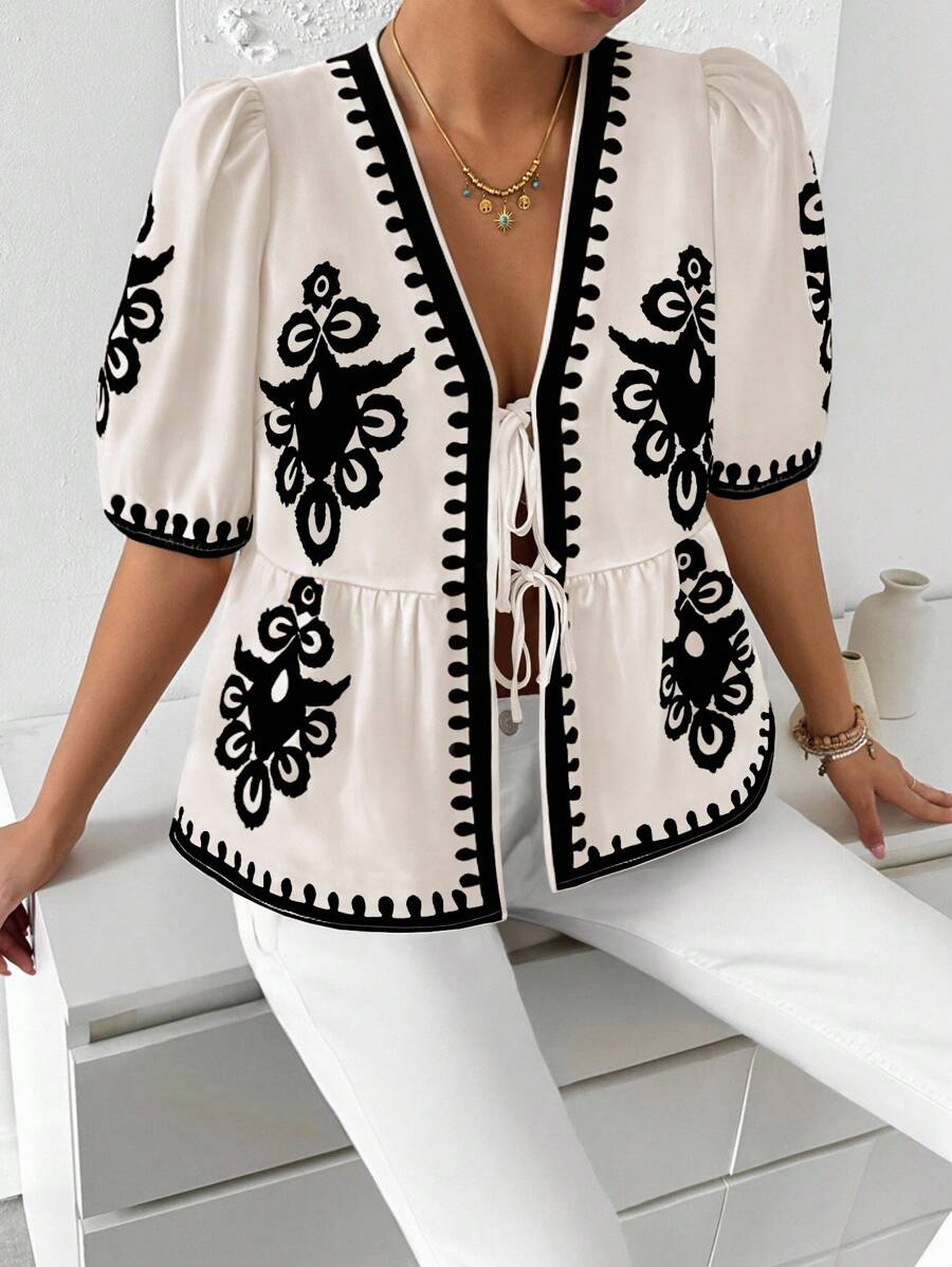 Breezaya Blouse femme à manches en forme de lanterne avec nœud papillon et imprimé tout-sur-tout