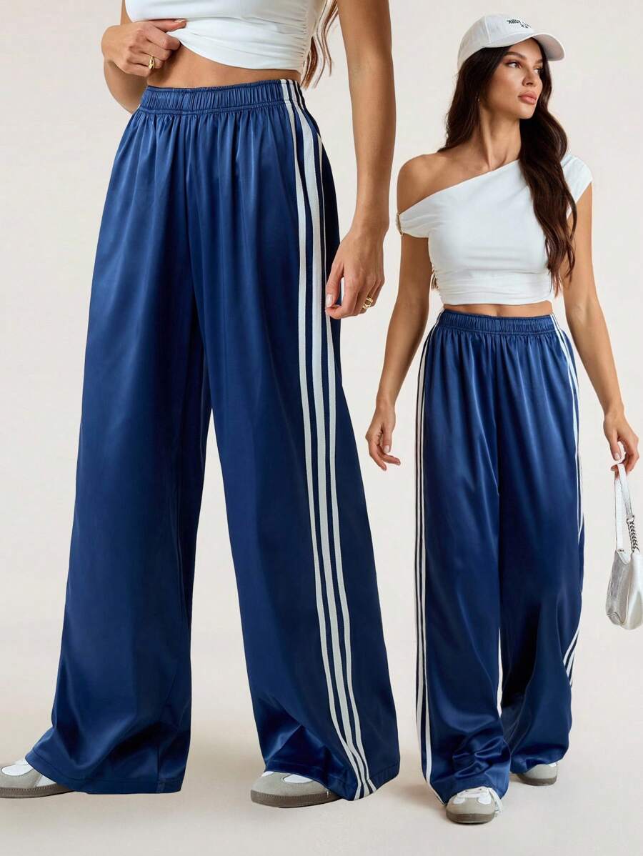 SHEIN Tall Women's Summer Y2K Streetwear Date Night Contrast Color Ribbon Striped Leather Sports Trousers