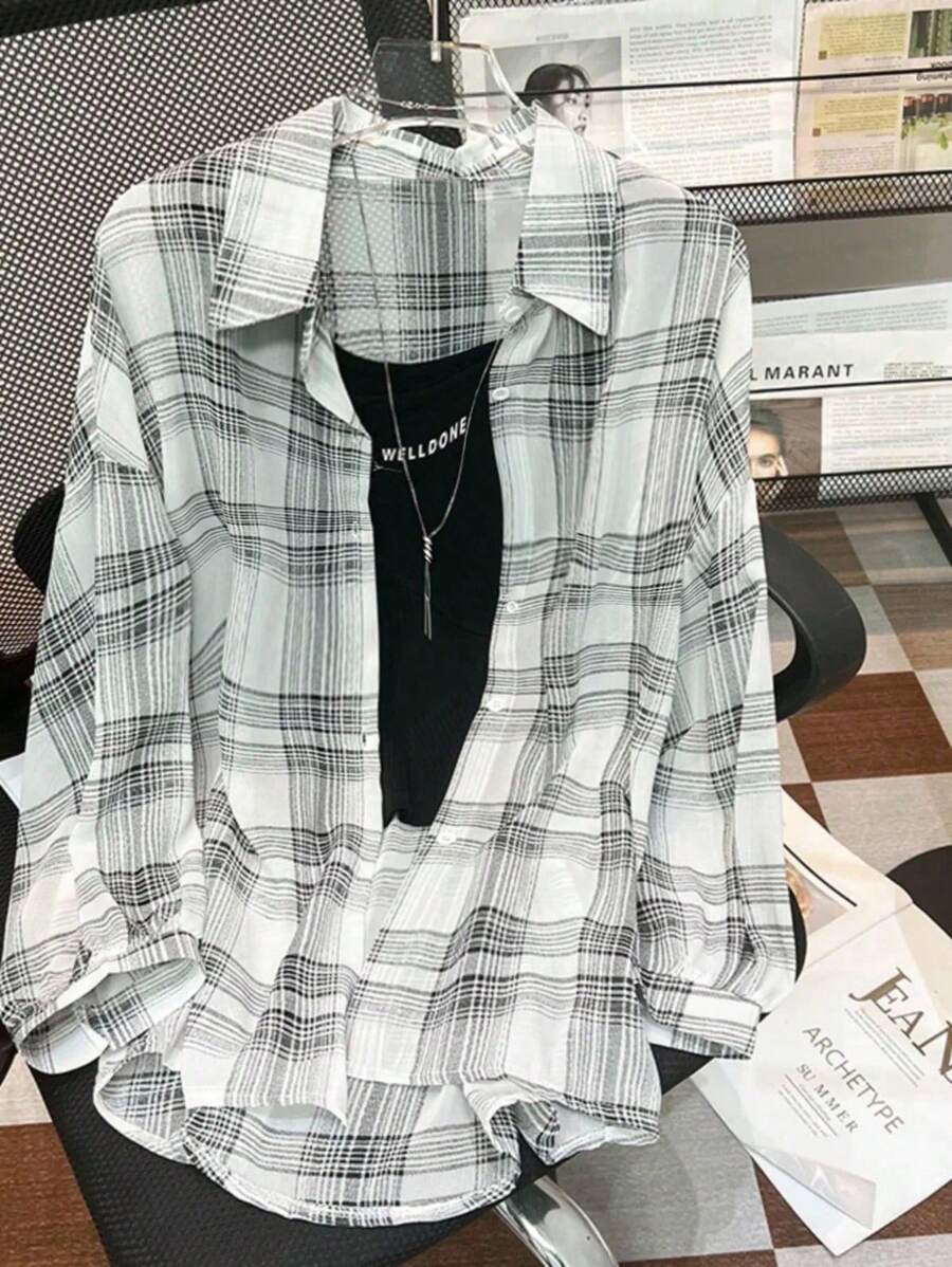 INAWLY Women's Spring/Summer Plaid Lightweight Loose Casual See-Through Shirt, Anti-UV Shirt, For Back To School