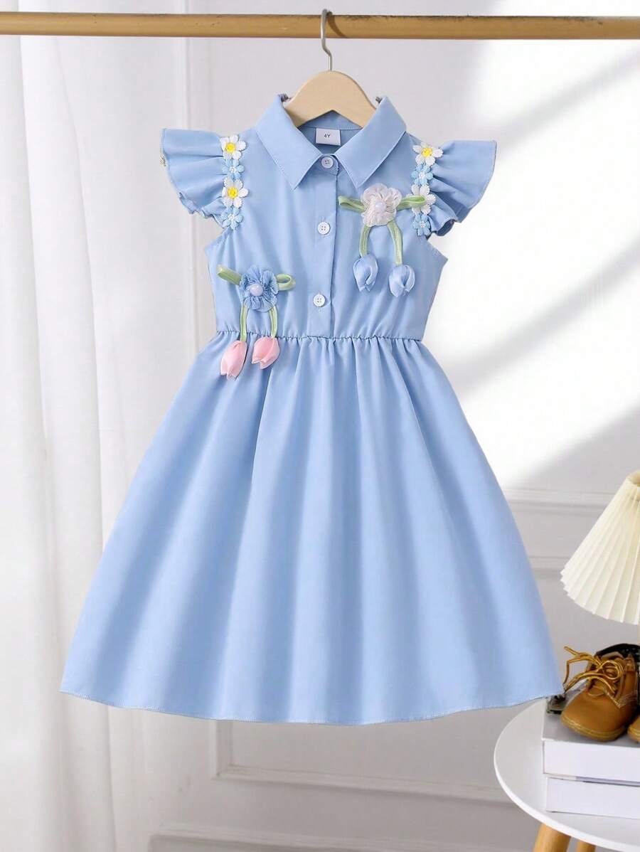 Robe d'été à col fleur 3D et manches courtes, mignonne pour jeune fille