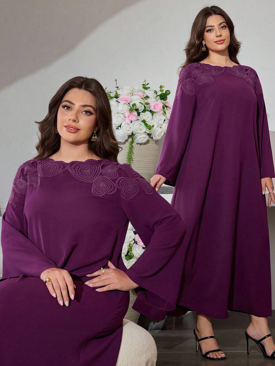 Al Najma Off-Shoulder Embroidery Floral Flared Sleeve Loose Dress