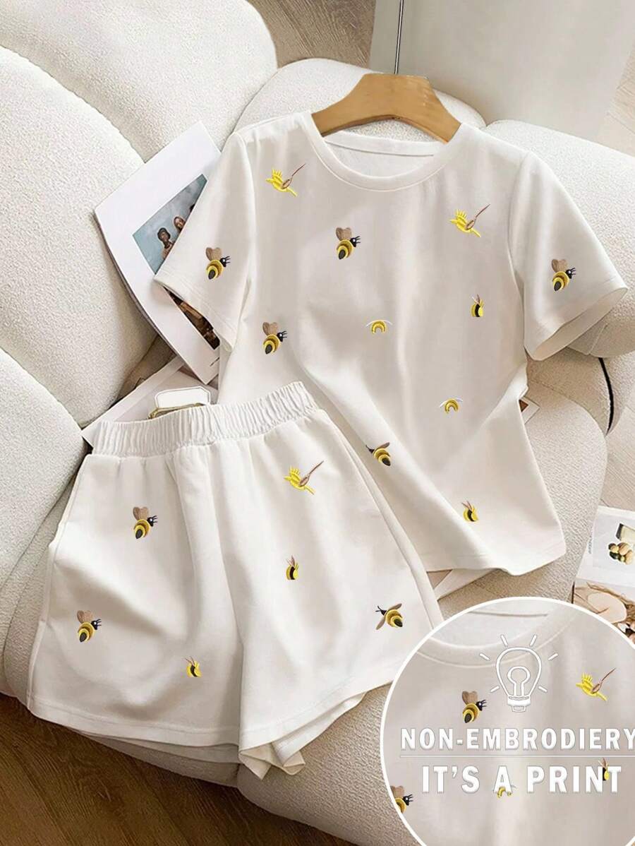 SHEIN 2 pezzi Set casual da donna composto da pantaloncini corti a girocollo e pantaloncini a forma di beeernern