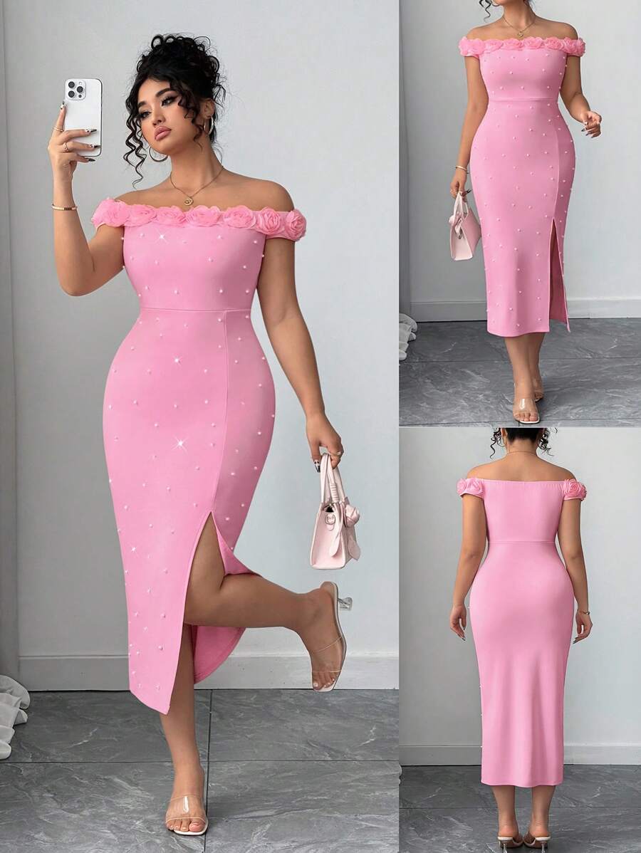 Celure Robe ajustée élégante et urbaine pour grandes tailles, avec épaules dénudées, ornements de perles et fleurs 3D. Marque : Bella, Elenzga