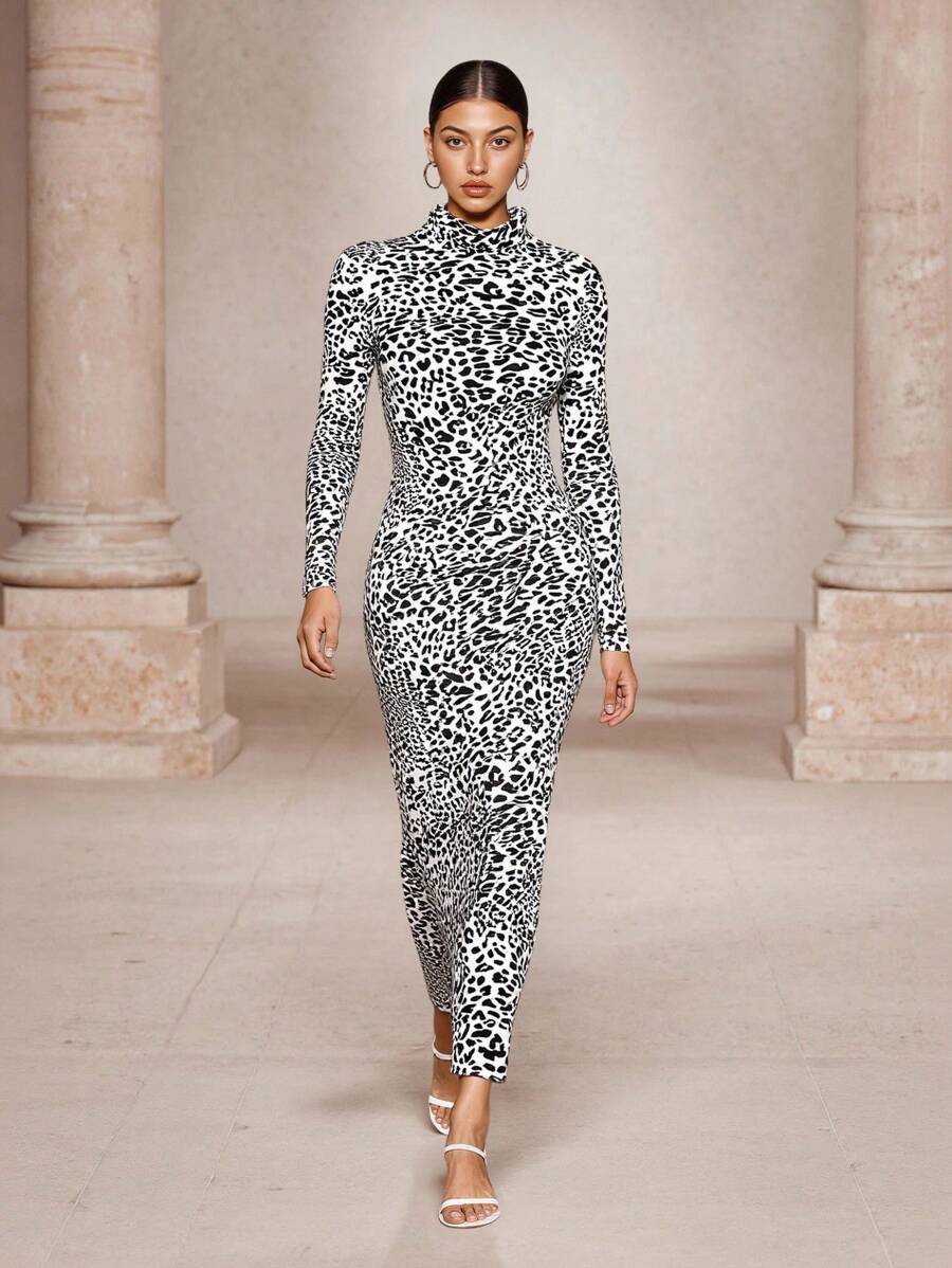 Avenne Vestido largo ajustado de cuello alto con estampado animal de manga larga, para mujer, para otoño/invierno