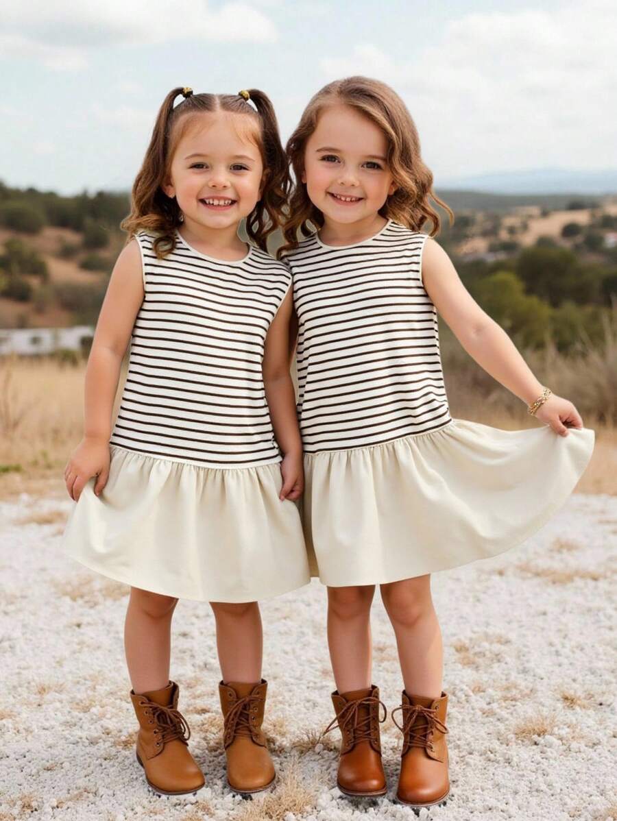 SHEIN Young Girl Loose Casual Minimalist Comfortable Round Neck Striped Sleeveless Patchwork Ruffle Hem Dress, Striped Camisole Dress, Suitable For School, Home, Outdoor Sports, Beige Dress, Striped Dress, Vacation Dress, Matching Mother And Daughter School Girls Clothes Toddler Girl Fall Clothes