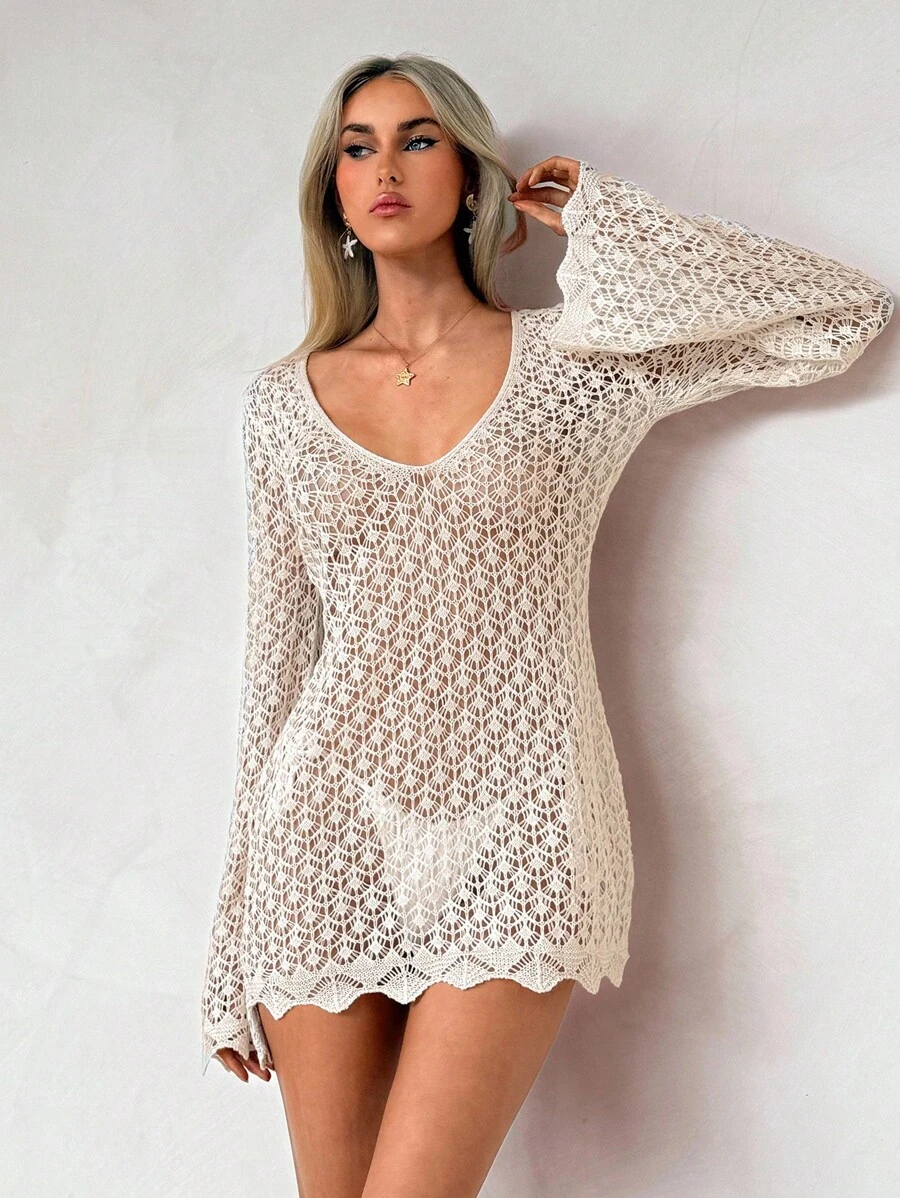 Swim Chiccia Robe trapèze à manches évasées et col V de couleur unie pour femmes