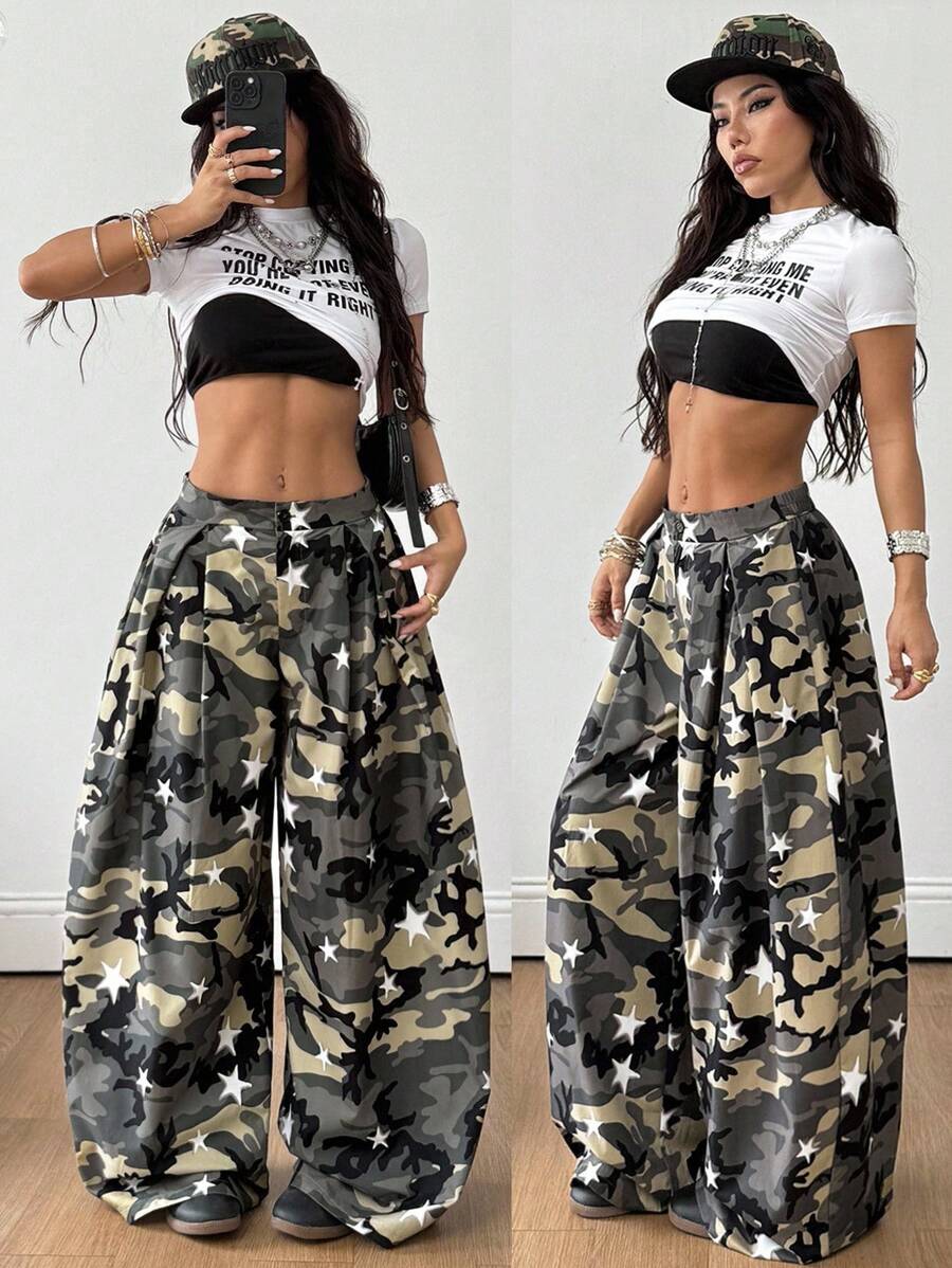 Coolane Women's & Men's Summer Streetwear Vintage Y2K Casual Camo Hippie Oversized Army Green Star Print Camo Cargo Pants