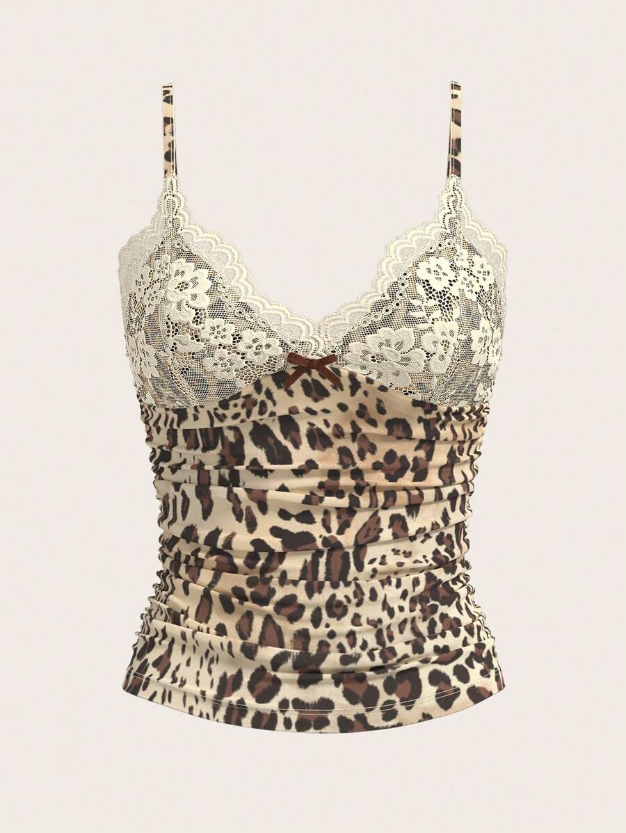 SHEIN ICON Summer Cheetah Leopard Print Contrast Lace Camisole Top