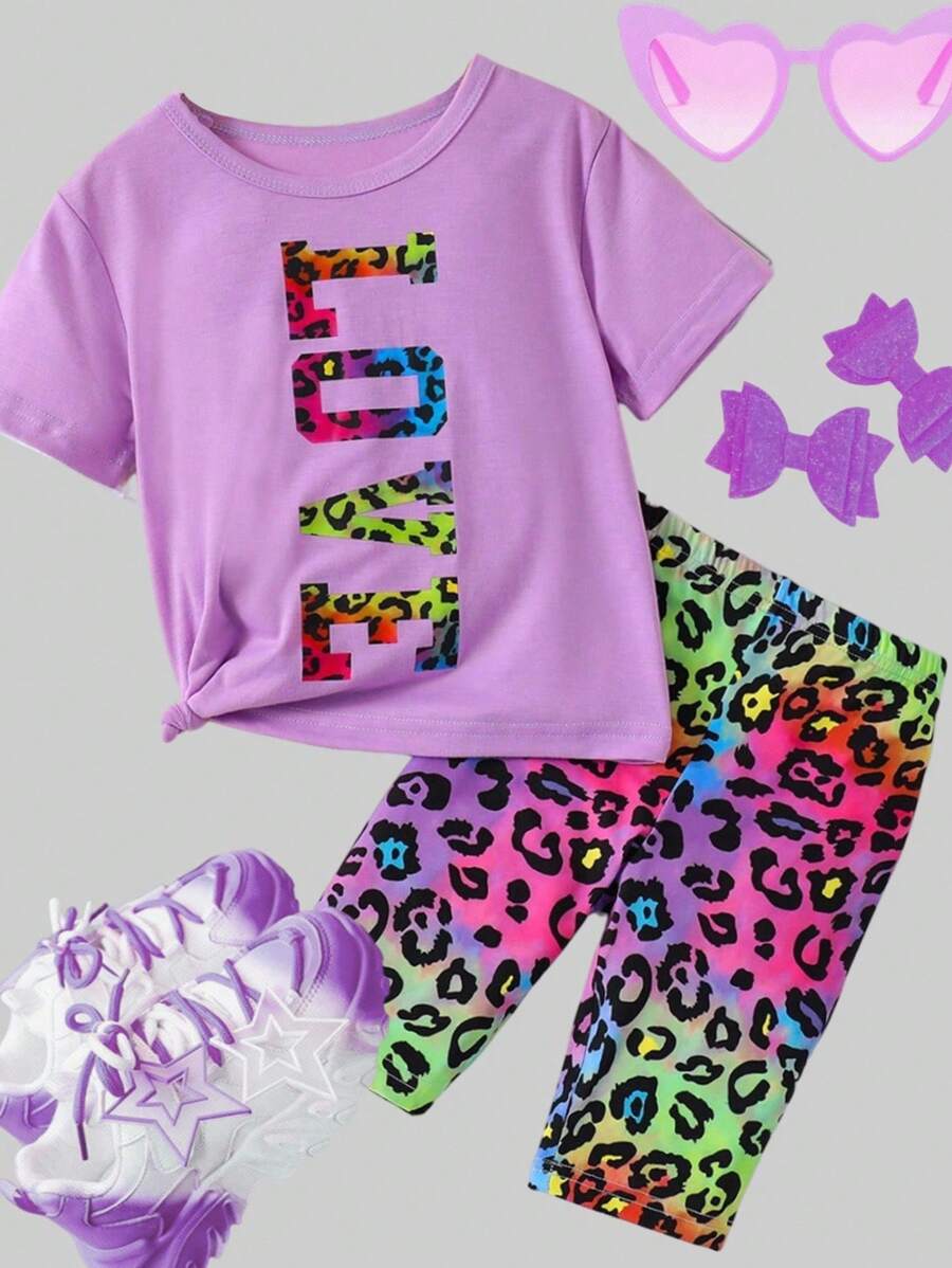 SHEIN Young Girls 2pcs Set: LOVE Letter Print Round Neck Short Sleeve T-Shirt And Colorful Leopard Print Leggings