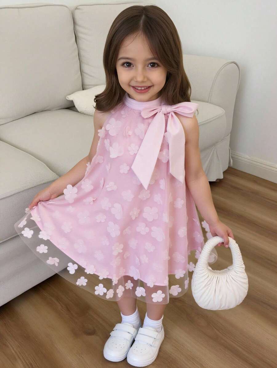 SHEIN Young Girl's Stand Collar Mesh Floral Casual Loose Halter Dress