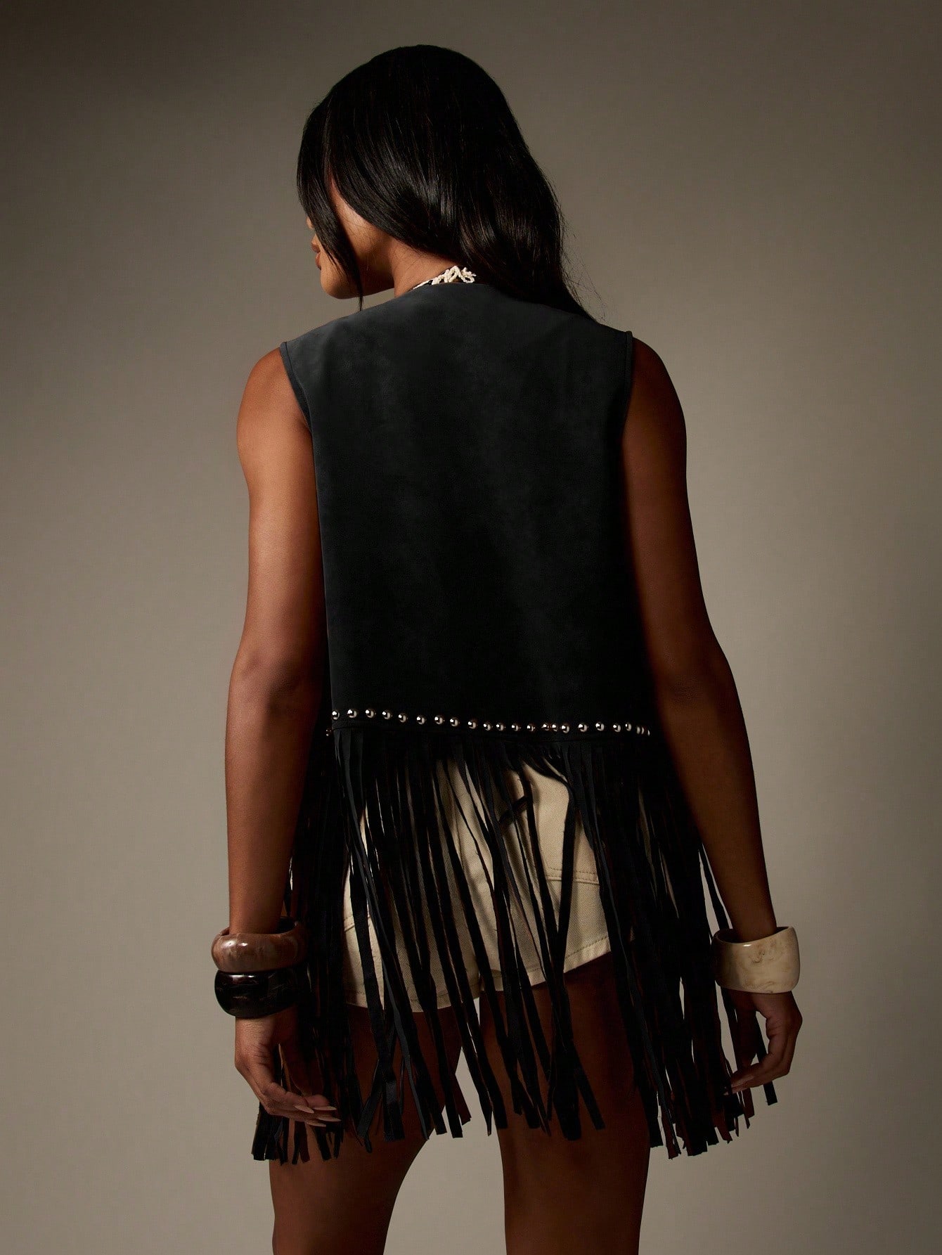 MISSGUIDED Studded Suede Fringe Vest With Metal Details