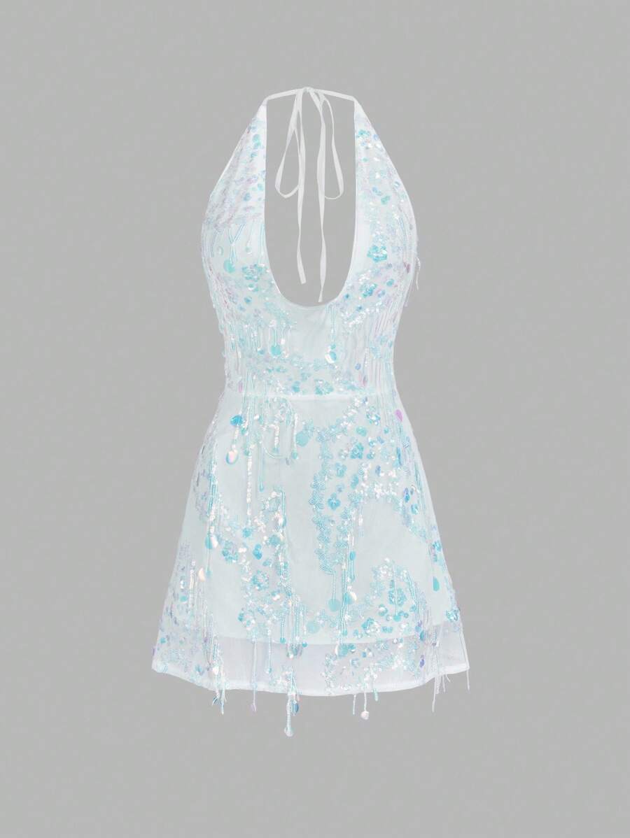Glamine Vestido mini de verano para vacaciones de mujer, nuevo vestido verde de mujer con cuello halter, vestido sexy con decoración de flecos