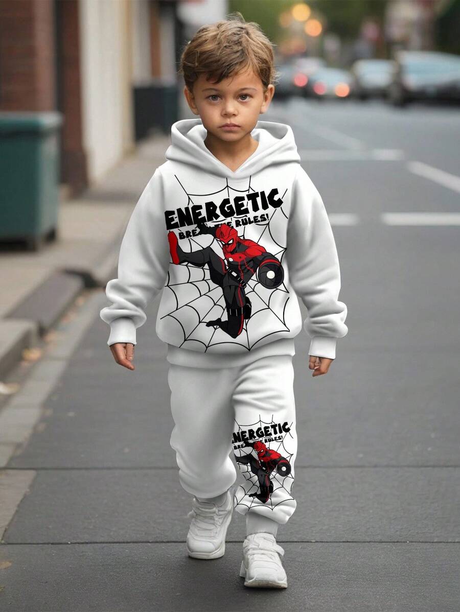 SHEIN Conjunto de sudadera con capucha y manga larga de diseño minimalista para niños pequeños, estilo deportivo y casual, cómodo para otoño/invierno