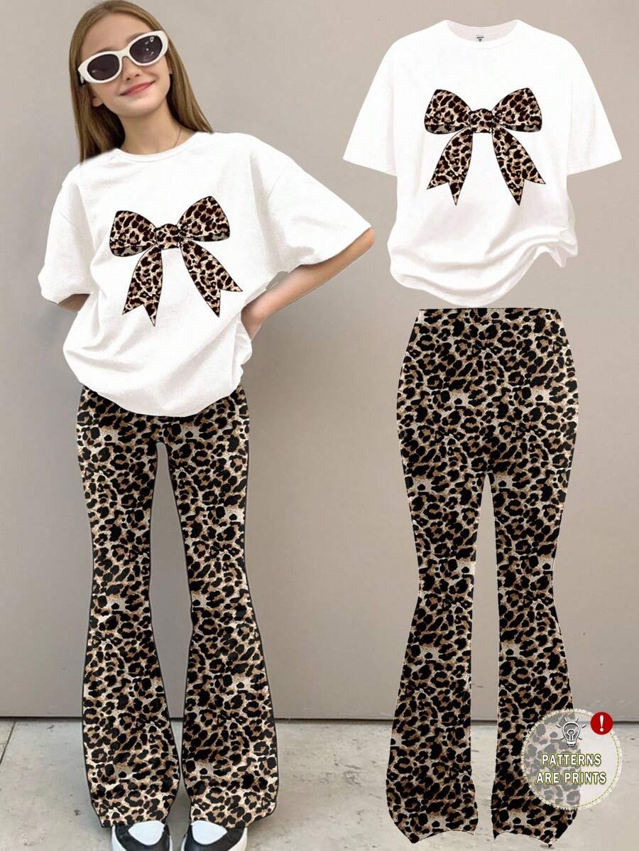 SHEIN 2pcs/Set Tween Girl Casual Leopard Print Bow Design Loose Short Sleeve T-Shirt And Flare Pants Set, Summer