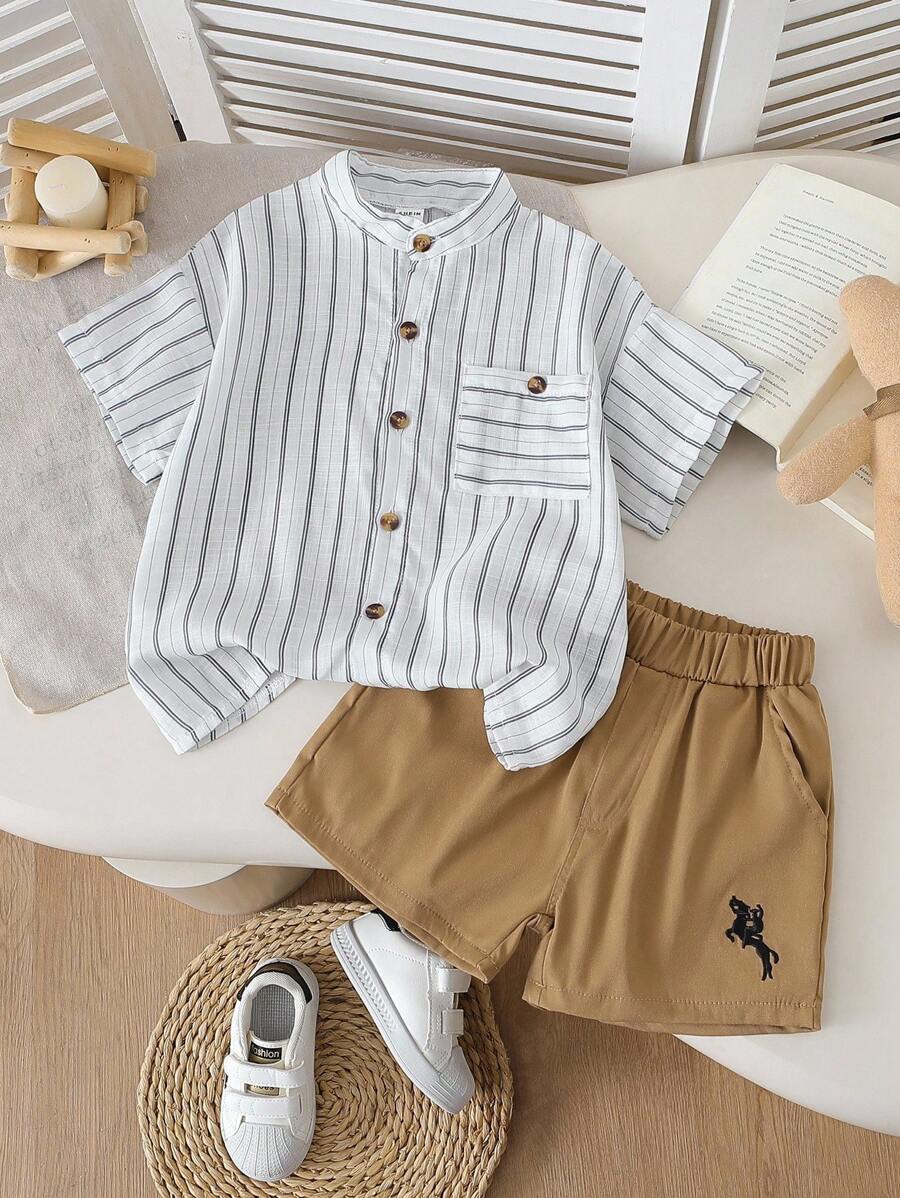 Nuovo set estivo casual da ragazzo composto da camicia a righe elegante + pantaloncini larghi con ricamo, 2 pezzi
