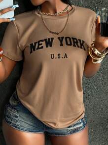 SHEIN Women's Simple Printed Round Neck Short Sleeve Summer T-Shirt Graphic Tees Women Tops