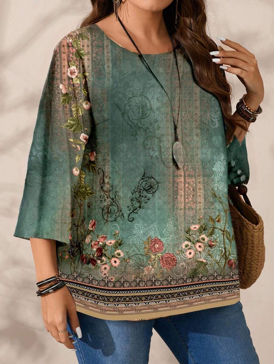 EMERY ROSE Plus Size Women Casual Allover Printed Round Neck Loose 3/4 Sleeve Shirt, Autumn/Winter
