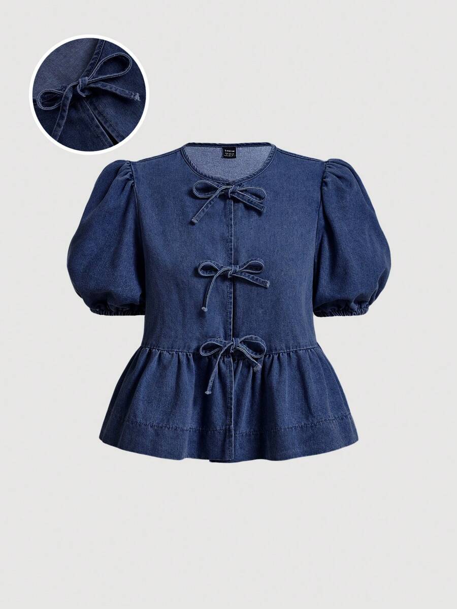 SHEIN X ELOISA & ORSON SHEIN MOD Conjunto de ropa vintage de los años 90 para mujer: camiseta de cuello redondo, blusa corta de mezclilla azul dulce con mangas abullonadas, camisas con lazo, ropa de vuelta al colegio, ropa de otoño, atuendos de crucero para mujer, blusas para mujeres, blusas de otoño, camisa de burbujas, camisa con lazo, camisas escolares, camisa azul claro, camisa de fiesta de graduación, conjunto de cumpleaños