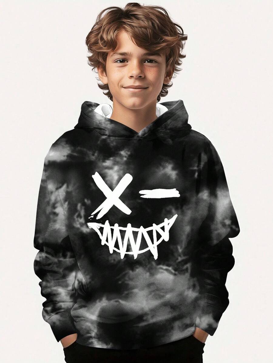 SHEIN Tween Boy Casual Minimalist Style Graffiti Handpainted Cartoon Face English Letter Sports Street Style Tie-Dye Y2K Loose Comfortable Long Sleeve Hoodie, Suitable For Autumn/Winter