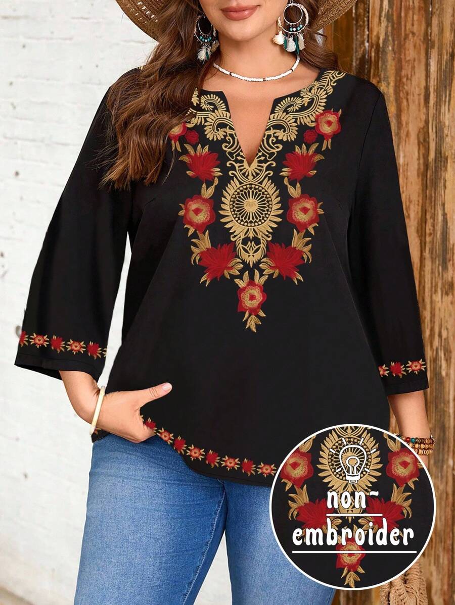 EMERY ROSE Blusa casual con cuello en V, cómoda, de talla grande, con estampado floral rojo y dorado sobre fondo negro