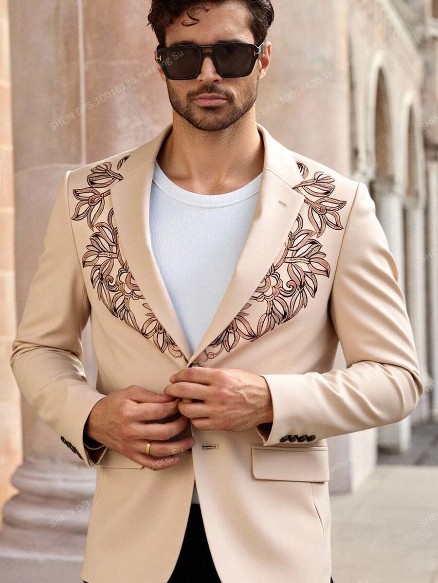 HIMLAND Retro Print Oversized Loose Casual Suit Jacket For Men, Spring/Autumn' Cream Suit Men Beige Suit For Men Men Fashion Blazer Wedding Jacket For Men Embroidered Blazer Men