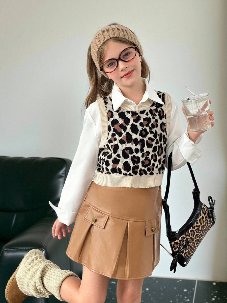 Tween-Mädchen Lässiger, bequemer Strickpullover mit Patchwork-Muster und Leopardenmuster, runder Halsausschnitt, ärmellos