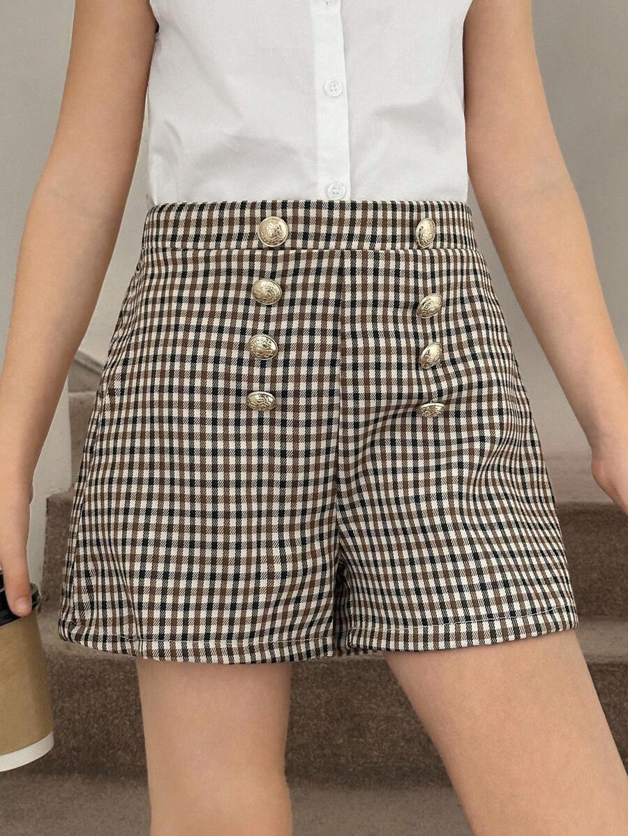SHEIN Tween Girls' Fashionable Elegant Woven Plaid Metal Decor Button Shorts