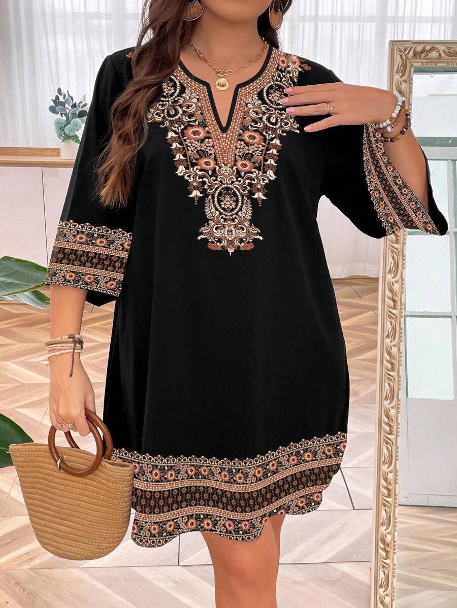 EMERY ROSE Plus Size Women's Vintage Style Embroidery Simple Daily Wear Dress