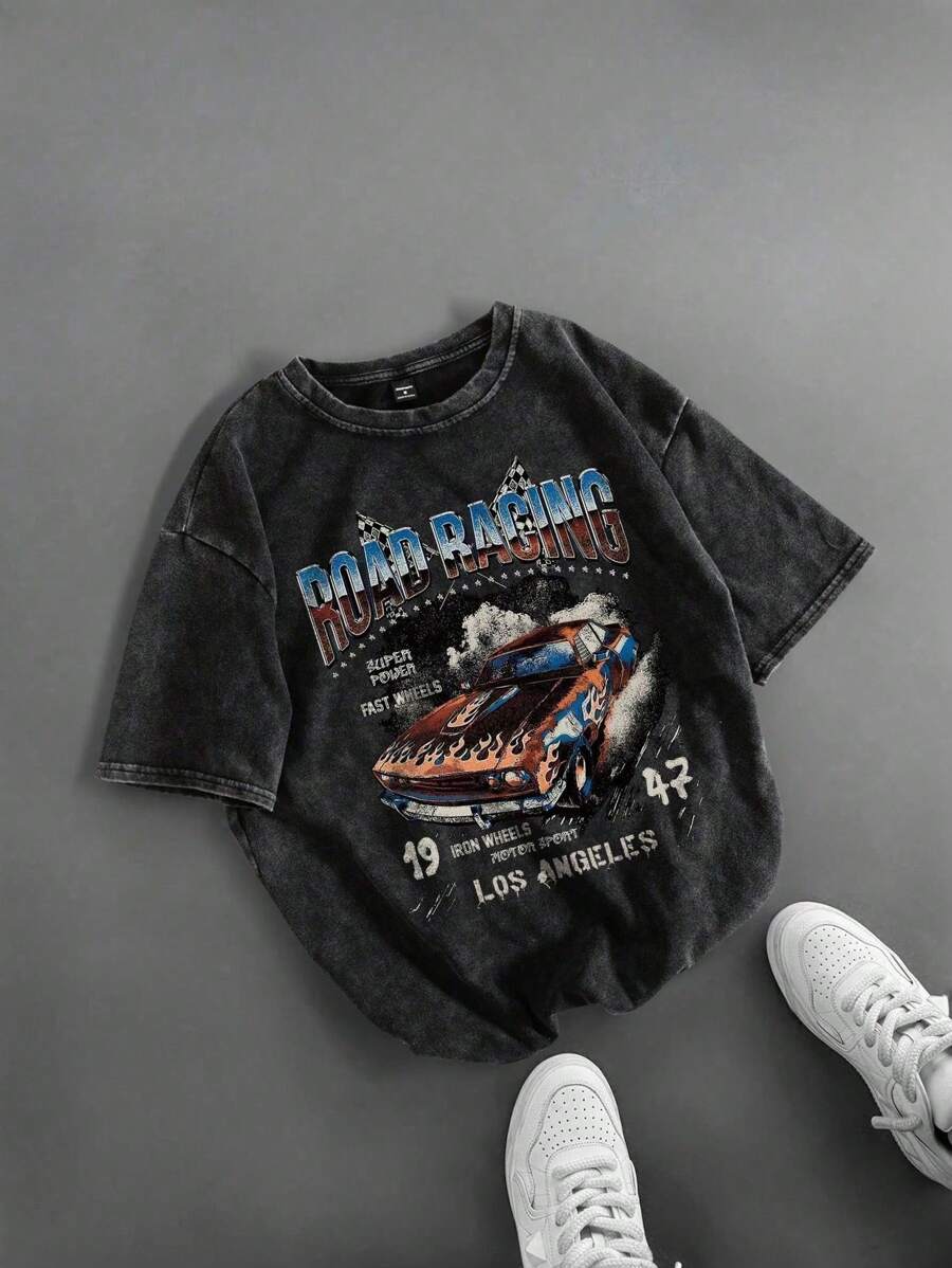 SHEIN Maglietta a maniche corte in maglia con stampa di lettere da corsa, scollo tondo, per ragazzi pre-adolescenti, casual, versatile e confortevole, adatta per andare a scuola, tempo libero quotidiano, vacanze, sport, adatta per primavera ed estate e festival