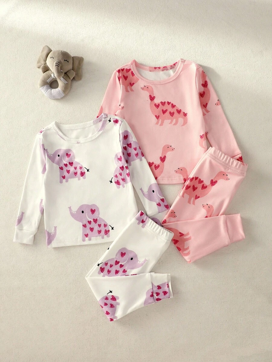 Set pigiama da 4 pezzi per neonata, morbido e confortevole, aderente, con stampe carine di cuore, elefante e dinosauro, top a maniche lunghe e pantaloni